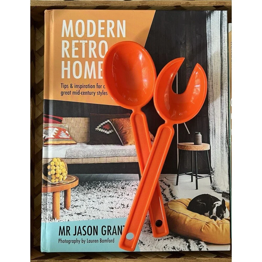 VINTAGE 1970s MCM Salad Serving Utensils Orange Melamine Spoon Slotted Fork